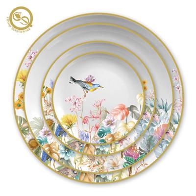 China Viable High Quality Flower Bird Printing Ceramic Tableware Bone China Creative Home Royal White Dinner Sets for sale