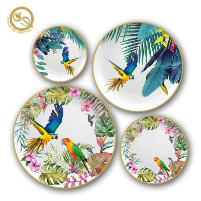 China 2021 Full Bone China Decal Decorative Porcelain Dish Dinner Dishes Viable Tropical Round Tableware Set for sale