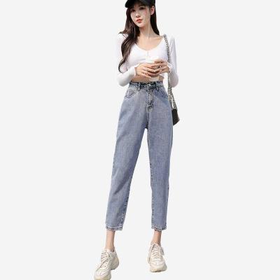 China Sustainable women's high-waisted jeans with elasticity waist. Washed effect. embroidery design. for sale