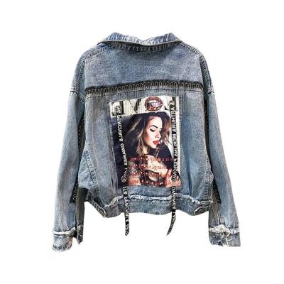 China A viable loose denim jacket with a new print beaded coat for women for sale