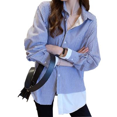 China QUICK DRY women's spring striped shirt / fall 2022 new loose patchwork long sleeve top for sale