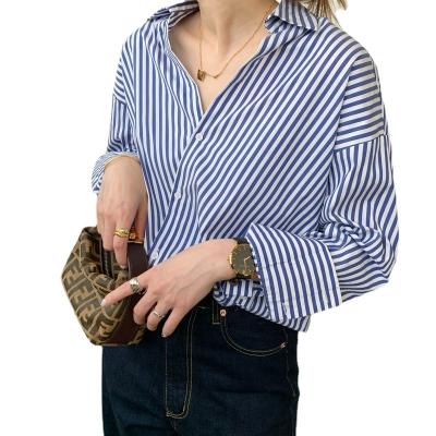 China 2022 QUICK DRY Shirt Women Spring And Autumn Vintage Striped Shirt Loose Sleeves Over Top Shirt for sale