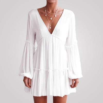 China Viable Women's Hot Summer V Neck Lantern Sleeve New OL Dress White Dress Top for sale