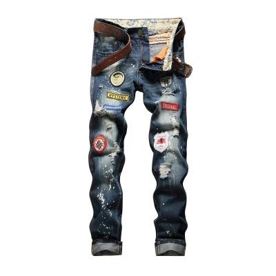 China European and American brand men's hot sale patch badge viable hole jeans stretch straight thin men's beggar trousers pants for sale