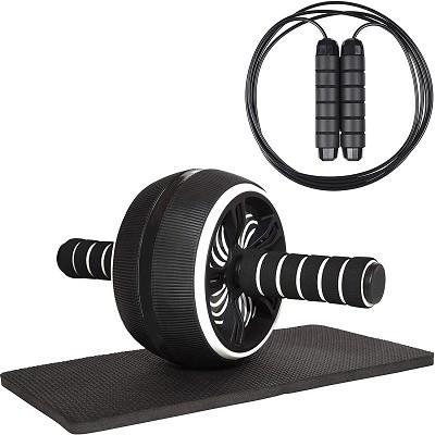 China Custom High Quality Gym Workout Equipment Black TPR Material Ab Roller With Knee Mat And Jump Rope for sale