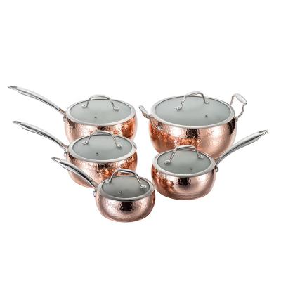 China 10Pcs Pot Sustainable Copper Cookware Triple Hammered Cooking Set for sale