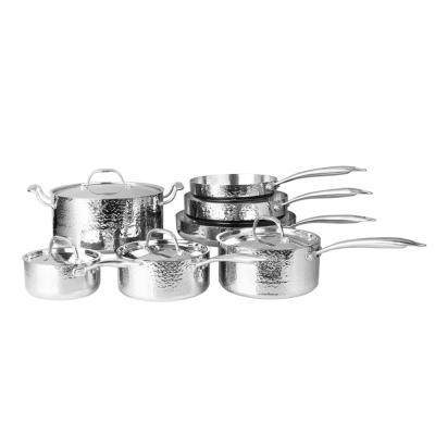 China Triple Sustainable Kitchen Accessories Hammered Cooking Pot Cookware Set Stainless Steel for sale