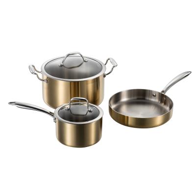 China 5 Pcs Triple Viable With Gold PVD Kitchenware Stainless Steel Cookware Sets for sale