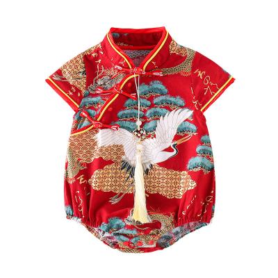 China Chinese style summer baby cheongsam newborn triangle jumpsuit retro pine crane breathable female short sleeve pet bag for sale