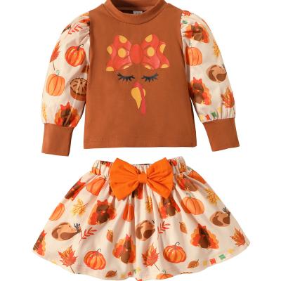 China Foreign trade children's breathable clothing infant girls set Thanksgiving Day Turkey pumpkin printing long-sleeved skirt two-piece set for sale