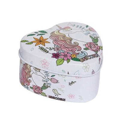 China Viable Heart Shape Mini Tin Box With Unicorn Design Food Grade Tin Can for sale