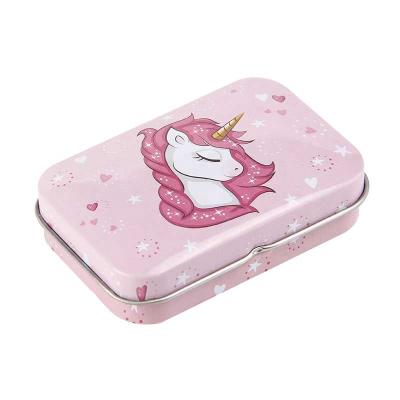 China Eco-friendly / easy to carry cute mini tin box with tie with unicorn design portable mini tin box for jewelry, buttons, organizer, gift, candy, pill for sale