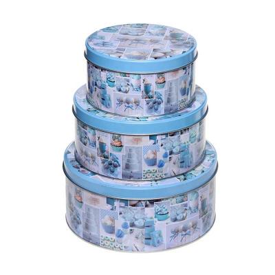 China Sustainable Food Grade Multifunctional Round Tin Box With Pink And Blue Cake Design Set Of 3 for sale