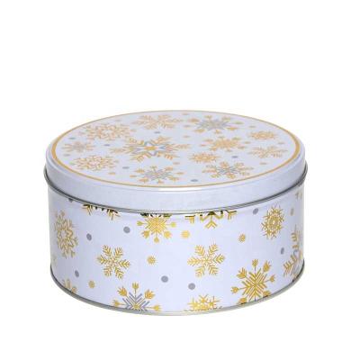 China Save Space Christmas Round Tin Box With Golden Snowflake Themed Multifunctional Design On White Background Good Grade Tin Can For Cookie for sale