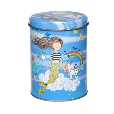 China Empty Storage Tin Can For Chocolate /Cookie/Candy Food Grade Tin Box With Mermaid Design Round High Quality Moisture Proof for sale