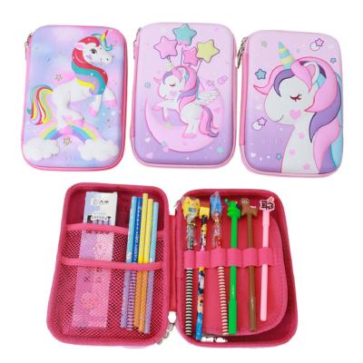 China Durable primary school stationery box, unicorn pen box, large capacity pen bag, 3D three-dimensional cartoon, cute pencil case for sale