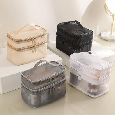 China New Mesh Makeup Bag Large Capacity Durable Travel Simple Portable Wash Bag Double Layers Storage Portable Cosmetic Bag for sale