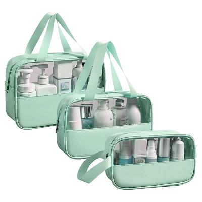 China Durable Waterproof Transparent Makeup Bag Set 3 Pcs Large Capacity Handheld Bag Portable PVC Storage For Travel for sale