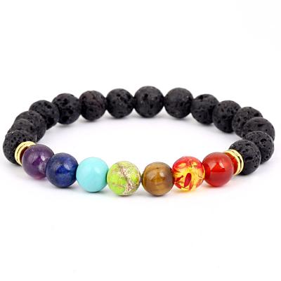 China 8mm Natural Ethnic Bracelet 7 Chakra Healing Crystal Stone/Black Volcanic Rock Lava Stone Bracelet CLLB013 for sale