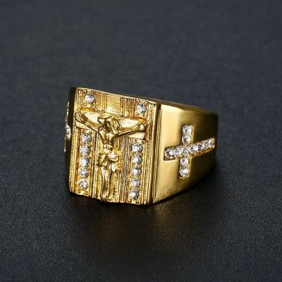 China Wholesale Luxury Vintage 19mm Stainless Steel Titanium Gold Plated CZ Jesus Cross Ring CLLR017 for sale