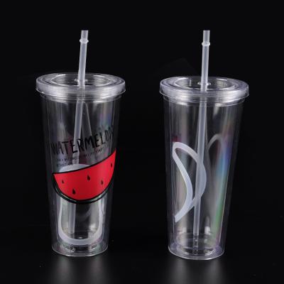 China Sustainable 22OZ / 650ml Double Free Wall BPA Plastic Bottle With Straw for sale