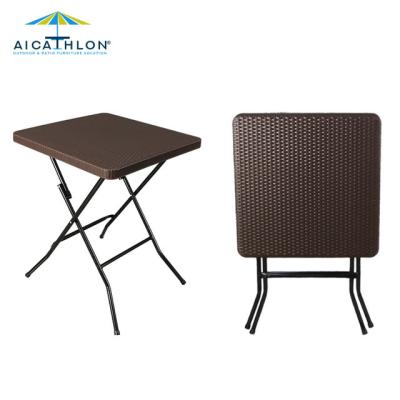 China Easy To Store 60cm Portable Small Folding Camping Square Folding Table With Rattan Design for sale