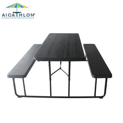 China Modern All Weather Metal Base Outdoor Camping Table and Chair Set Wood Dining Party Garden Patio Lawn Picnic Table Bench Set for sale