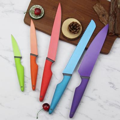 China Sustainable Colored PP Handle For kichen Non-stick Knife Set Coating 5 Pcs Knife Set for sale