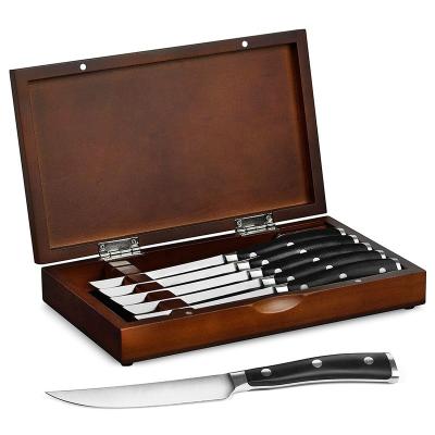 China Durable High Quality ABS Forged Handle Stainless Steel Steak Knife Set Serrated 6 Pcs Steak Knives With Wooden Box for sale