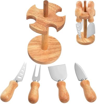 China Food Safety Standard Amazon Best Selling 4 Pcs Cheese Cutter Knives Set Tools With Wooden Stand Rubber Cheese Knife Set for sale