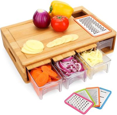 China Sustainable Top Selling Wooden Chop Cut Board With Drawers Tray Organic Bamboo Grater Cutting Board With Containers for sale