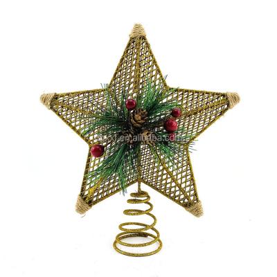 China Merry Christmas Ornament New Year Simple Silver Red Home Tree Top Party Metal Gold Star Rope Hemp Christmas Tree Decoration for sale