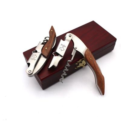 China Customized Double Steel Box Hinged Viable Logo Item Time Stainless Rosewood Corkscrew Wine Opener White Metal Bottle for sale