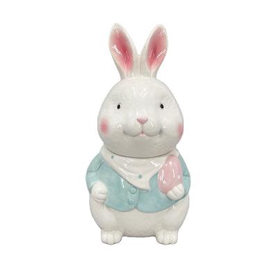 China Mr. and Mrs. M ceramic rabbit Easter bunny canister cookie tin storage jar factory from Europe supplied hand-made food safe 2022 newcomer for sale