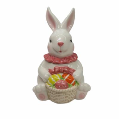 China Hot Selling Eco-friendly Personalized Handmade Dolomite Rabbit Shaped Ceramic Easter Bunny Candy Cooki Pot for sale