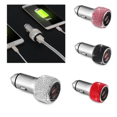 China Handmade Rhinestones Crystal Car Bling Decorations Double Cushion USB Charging Mobile Phone Car Charger For Fast Charging for sale