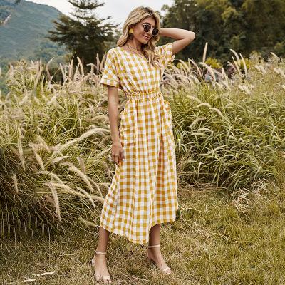 China 2021 Hot Sales Breathable Short Sleeve Dress Crew Neck Plaid Cross Backless Casual Dress for sale