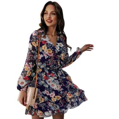 China 2021 Spring Autumn Fashion V-Neck Women Casual Dress Breathable Long Sleeve Dresses for sale