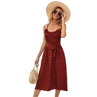 China 2021 New Anti-Static Women Elegant Spaghetti Strap Summer Dresses Casual Button Belt Ruffles Dress For Summer for sale