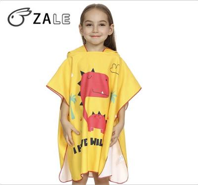 China ZALE Hot Sale Microfiber Cartoon Printing Compressed Custom Baby Bath Towel Kids Dinosaur Bathrobe Poncho Hooded Beach Towel for sale