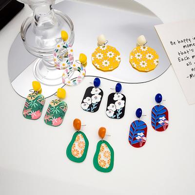 China Environmental protection material French geometric embossed acrylic resin painted plant flower drop earrings for sale