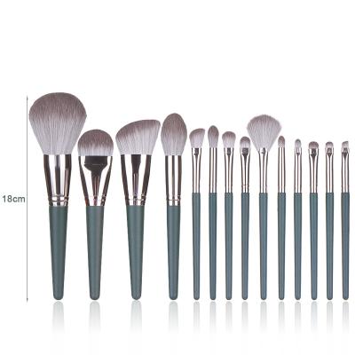 China Angular Blush Green HZM 14Pcs Makeup Set Brush With Bag Private Label Fan Powder Contour Highlight Eyeshadow Foundation Face Cosmetics Brush for sale