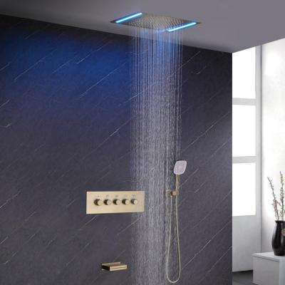 China Without Slide Bar Brush Gold Rainfall Waterfall Shower Mixer Home Solid Brass Bathtub Faucets Set With Or Without LED Light YB403H for sale