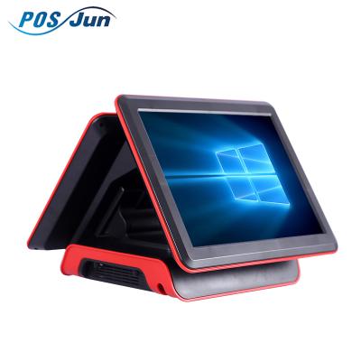 China Junrong 2018 new design dual 15 inch touch screen retail and restaurant all in one pos system 32G/64G/128G SSD for sale