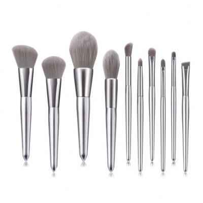 China Angular Blush DX Vegan Professional Makeup Brush Set Custom Logo Silver Travel Makeup Brush Private Label 10PCS Kit With Bag for sale