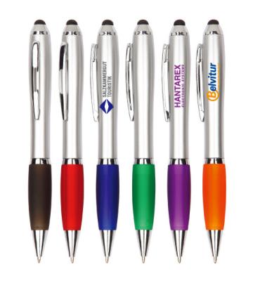 China touch style silver barrel cuvy plastic promotional printed logo ball pen for sale