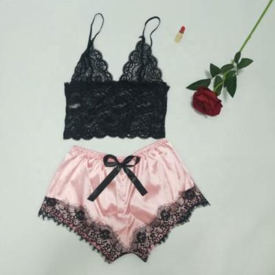 China 2Pcs/Set Women's Sexy Silk Satin Lingerie Sleepwear Breathable Underwear Tops Bralette Panties for sale