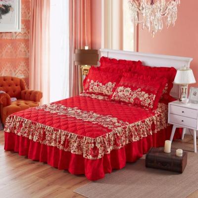 China Nondisposable High Quality Bed Skirts Set Bilateral Floral Printed Double Layer Bedspread Sheet Bed Skirt + 2 Pairs Of Pillowcase Sheets for sale