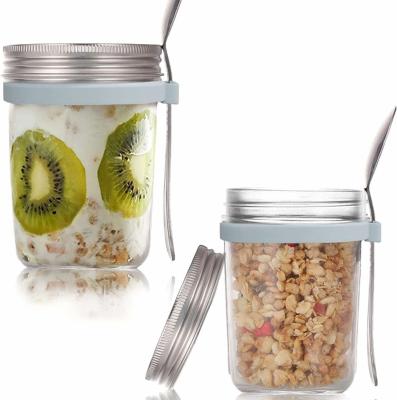 China Overnight Kitchen Oats Containers With Glass Lid And Spoon450ml Oatmeal Container Mugs Portable Cups With Wide Mouth Stainless Steel Lid for sale