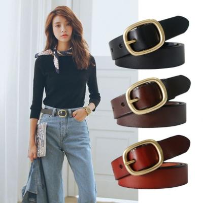 China Genuine Gold Pin Buckle Strap Fancy Vintage Two Layer Cow Leather Fashion Women Belts For Jeans Dropshipping for sale